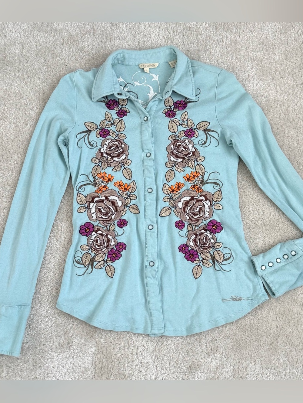 Stetson Sky Blue Floral Embroidered Pearl Snap Button-Down Western Shirt, Small